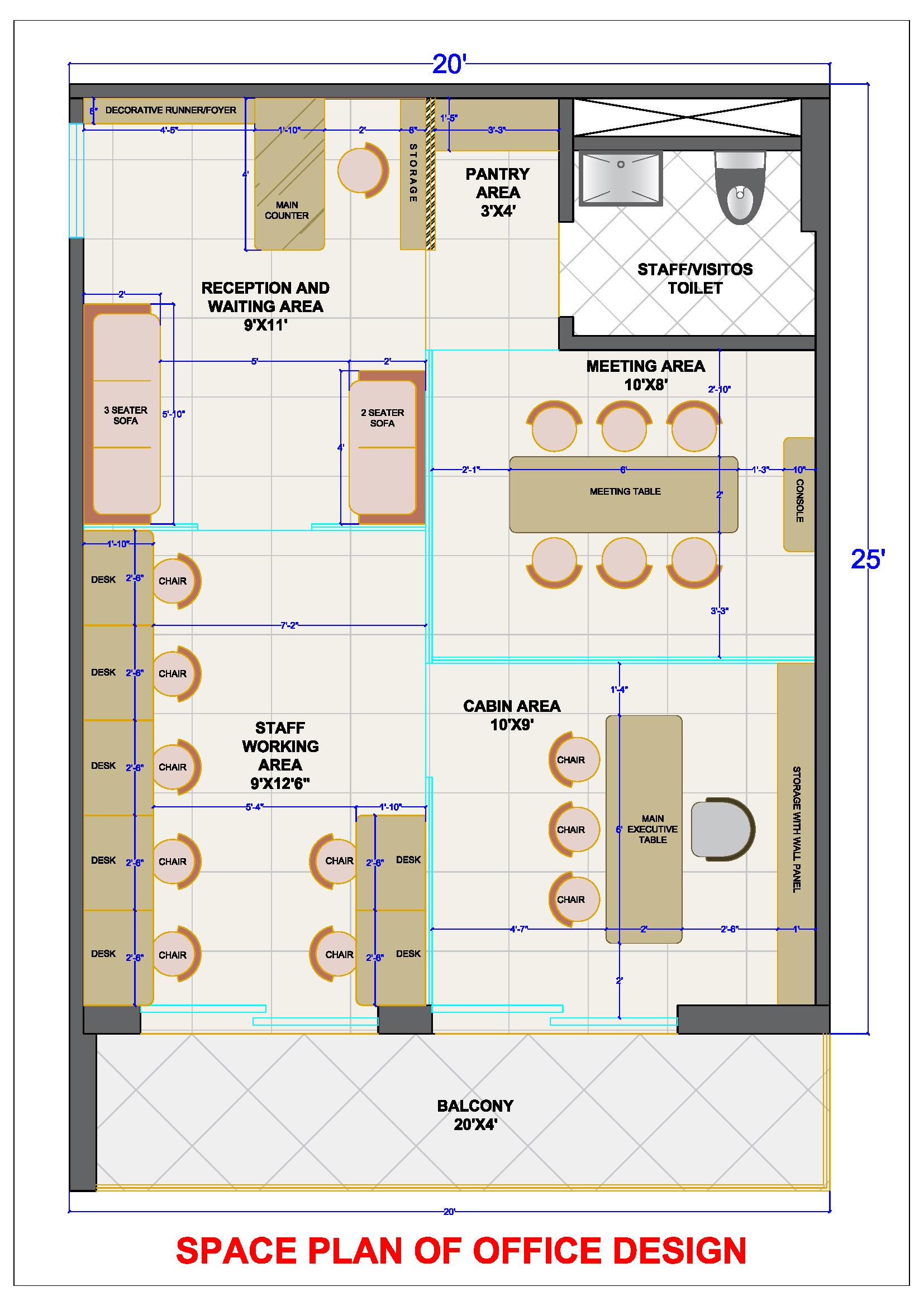 Office Interior Design Furniture Layout CAD Plan (20'x25')